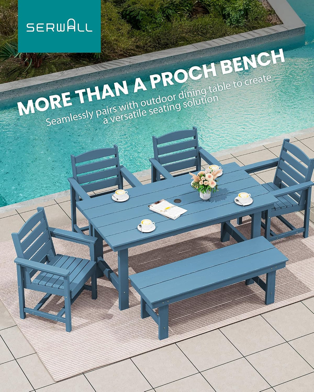 SERWALL 2-Person Backless Outdoor Bench 56 Inches, Navy