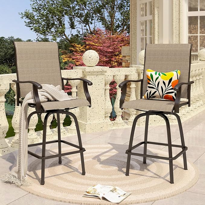 PHI VILLA Outdoor Swivel Bar Stools Set of 2, Bar Height Patio Chairs 30&quot...