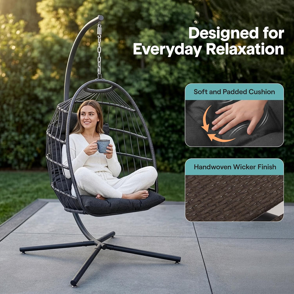 SereneLife Hanging Egg Chair with Stand | Foldable Rattan Wicker Hammock Chai...