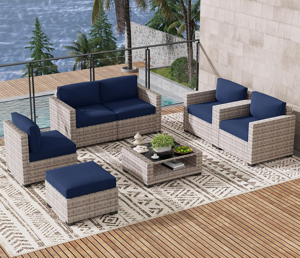 LOUVIXA 7 Piece Outdoor Patio Furniture Set, Rattan Chairs Glass Table Wicker...
