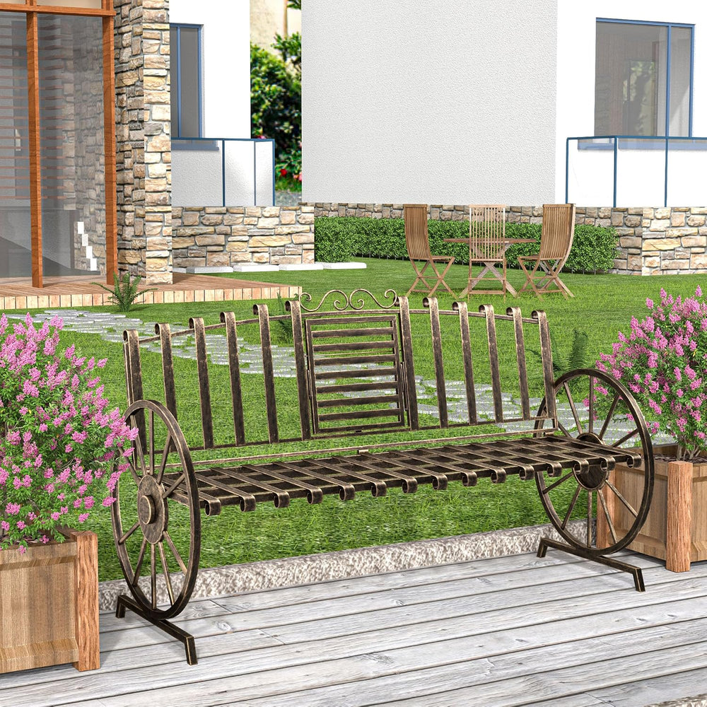 Outdoor Bench Patio Outdoor Garden Bench with Built-in Table, Wagon Wheel Arm...