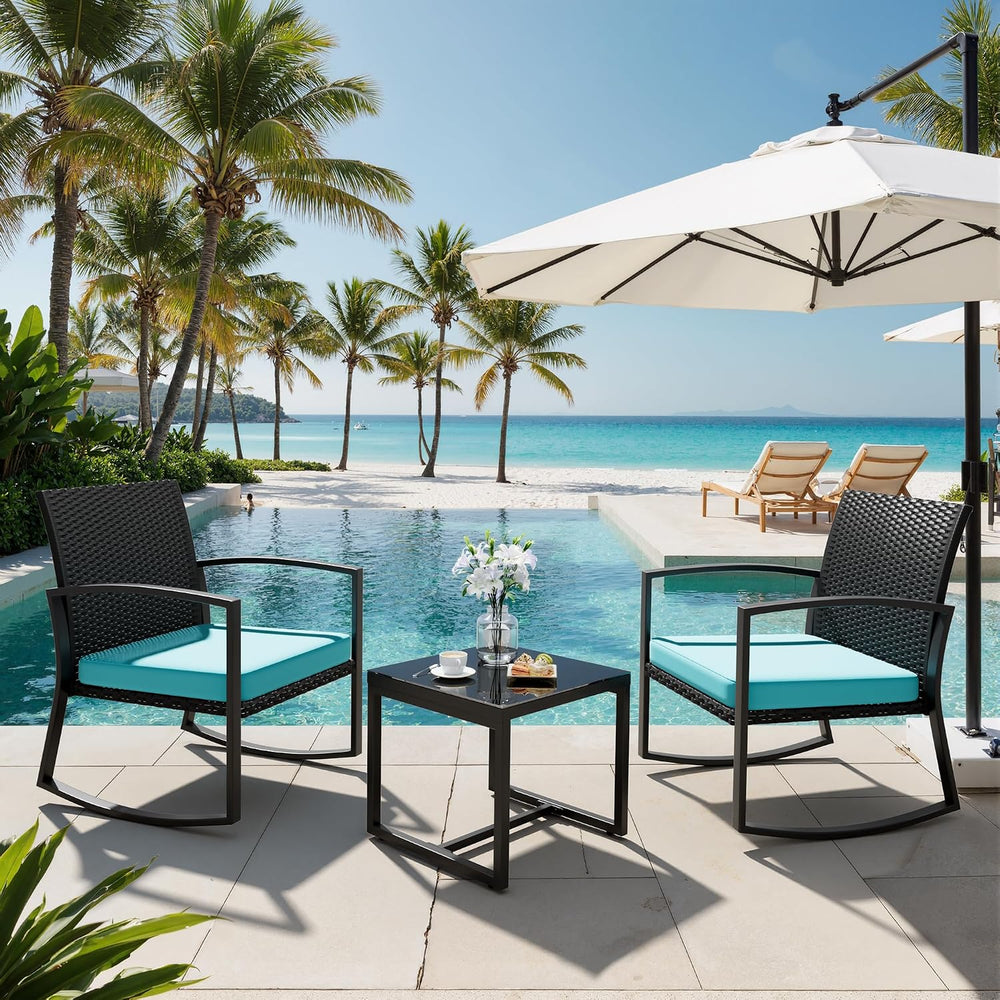 3 Pieces Outdoor Patio Set -Wicker Rattan Chair Conversation Set with Glass T...