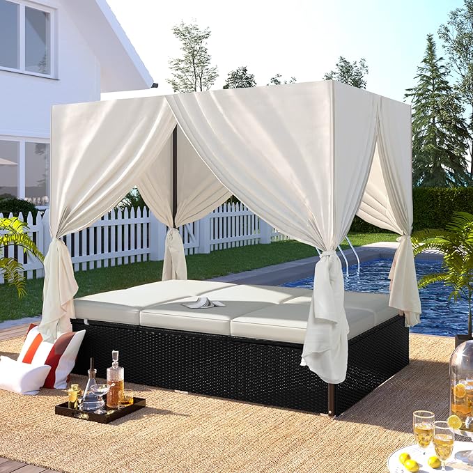 Patio Chaise Lounge, PE Rattan Outdoor Patio Wicker Sunbed Daybed with Adjust...
