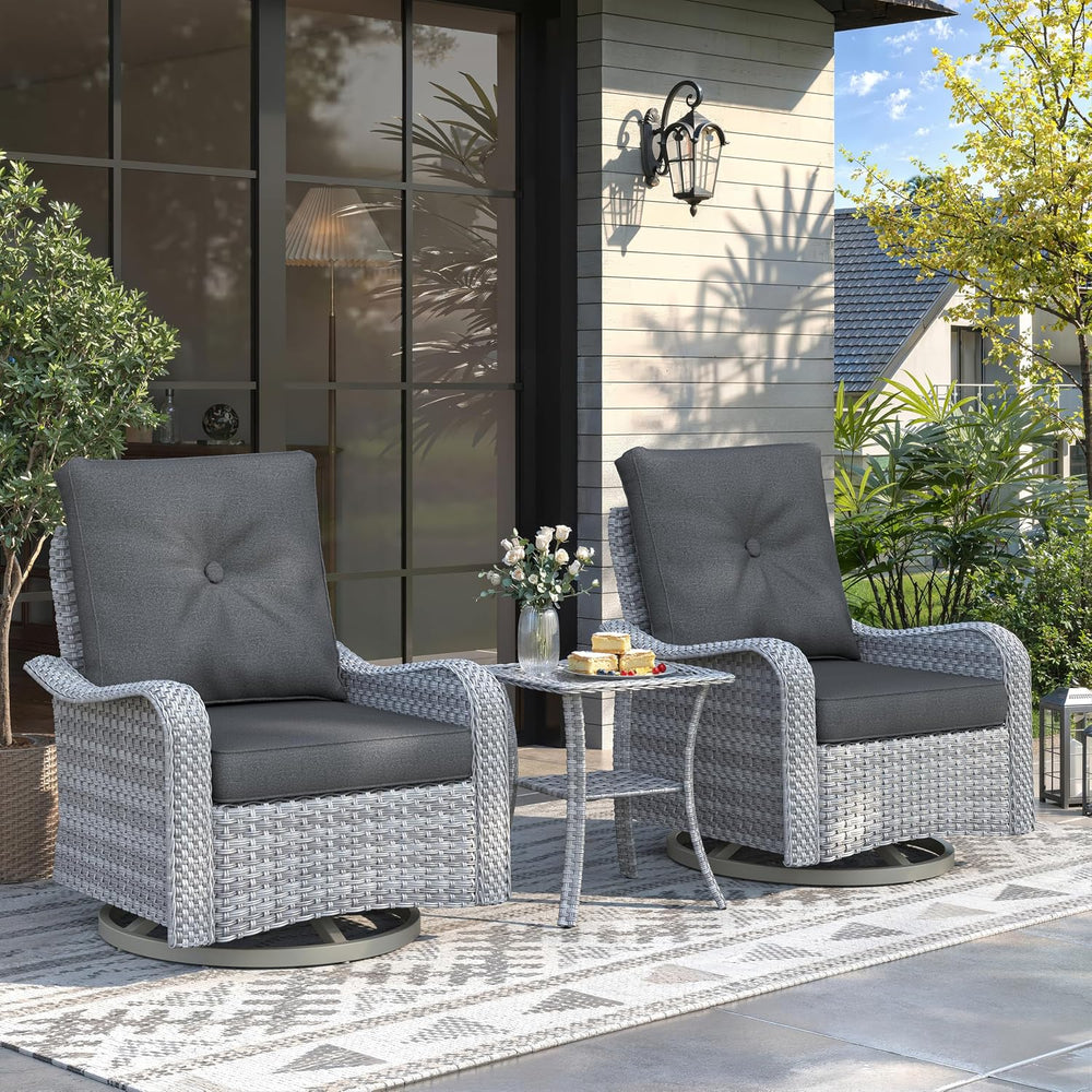 3 Piece Patio Furniture Set with Swivel Rocking Chairs, Outdoor Wicker Conver...