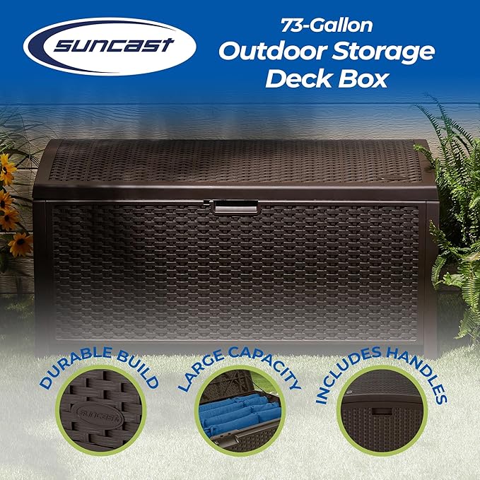 Suncast Outdoor Storage Box - 73 Gallon Mocha Brown Deck Box for Patio, Water...