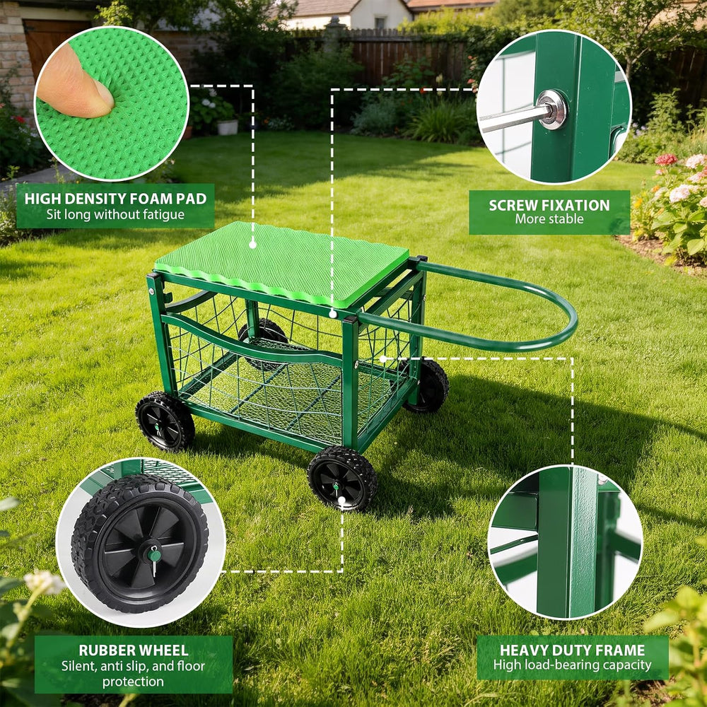 Garden Work Chair with Wheels, Heavy-Duty Gardening Cart with Seat - Garden S...