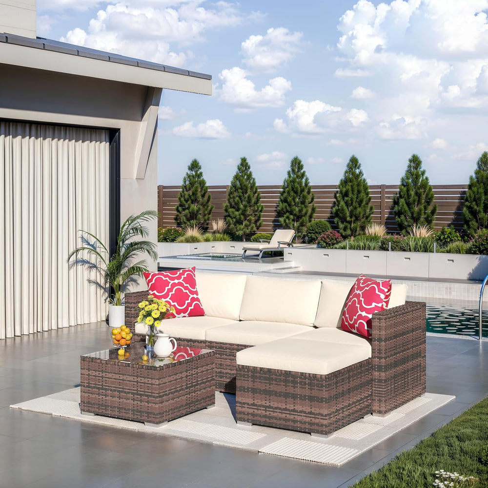 Outdoor Patio Furniture Set, 5 Pieces All-Weather Wicker Sectional Conversati...