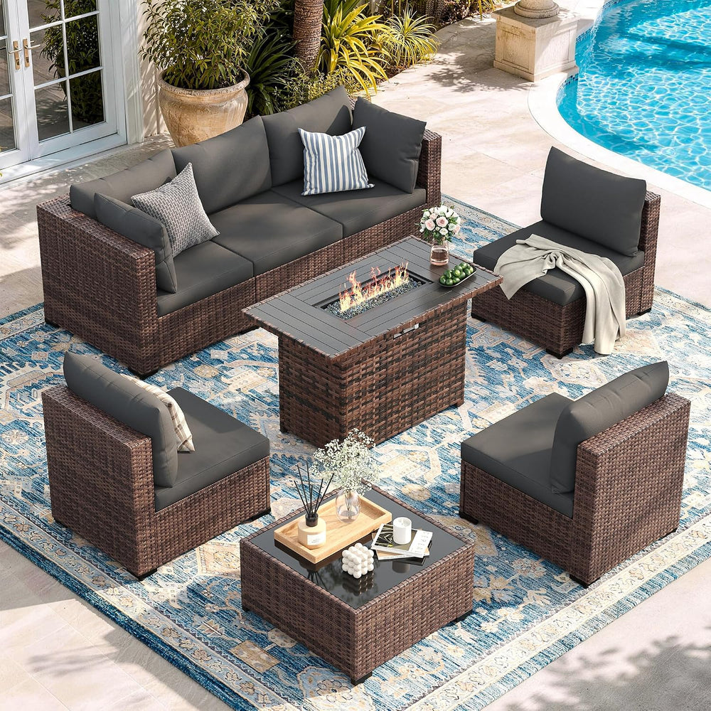 UDPATIO Patio Furniture Set with Fire Pit Table, 8-Piece Wicker Patio Set