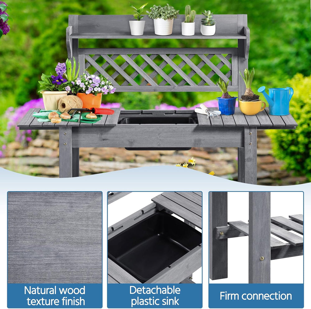 Yaheetech Outdoor Potting Bench with Sink, Garden Table, Lower Shelf,Gray