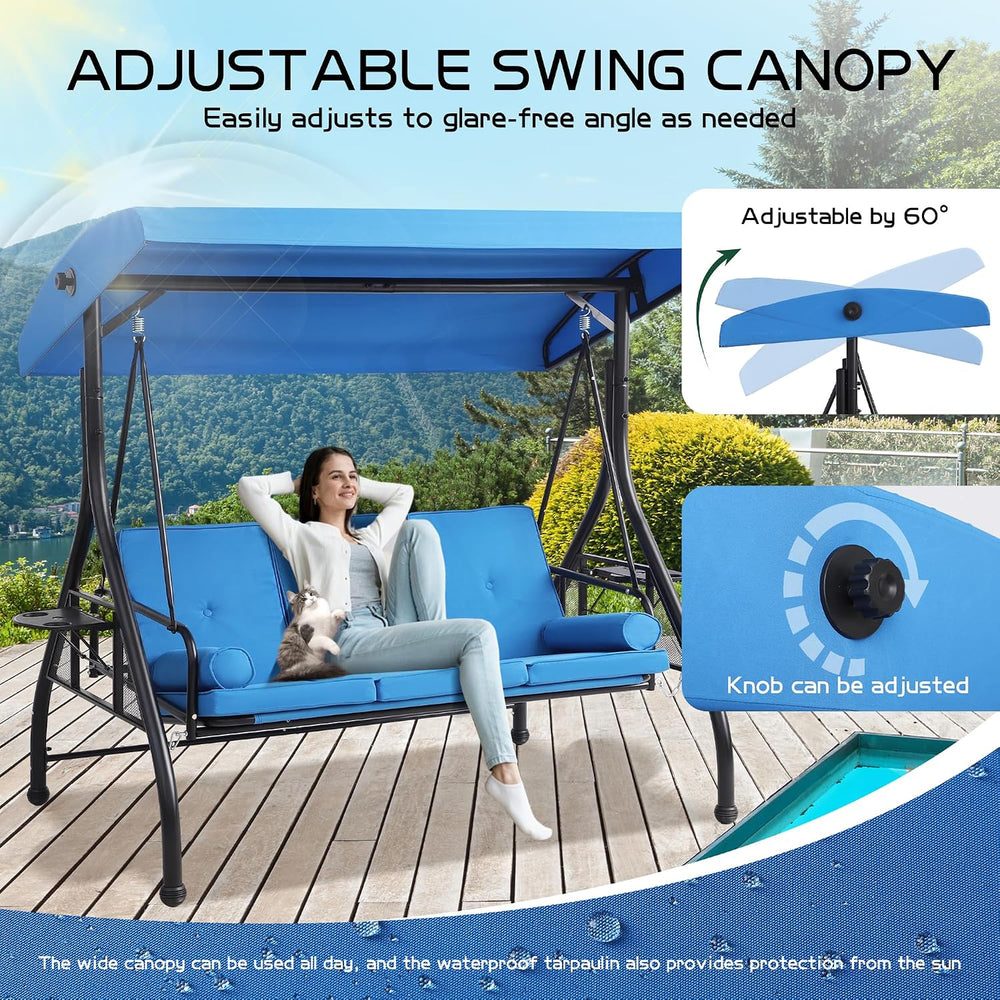 3 Seat Outdoor Patio Swing with Stand, 3-in-1 Porch Swing with Adjustable Can...