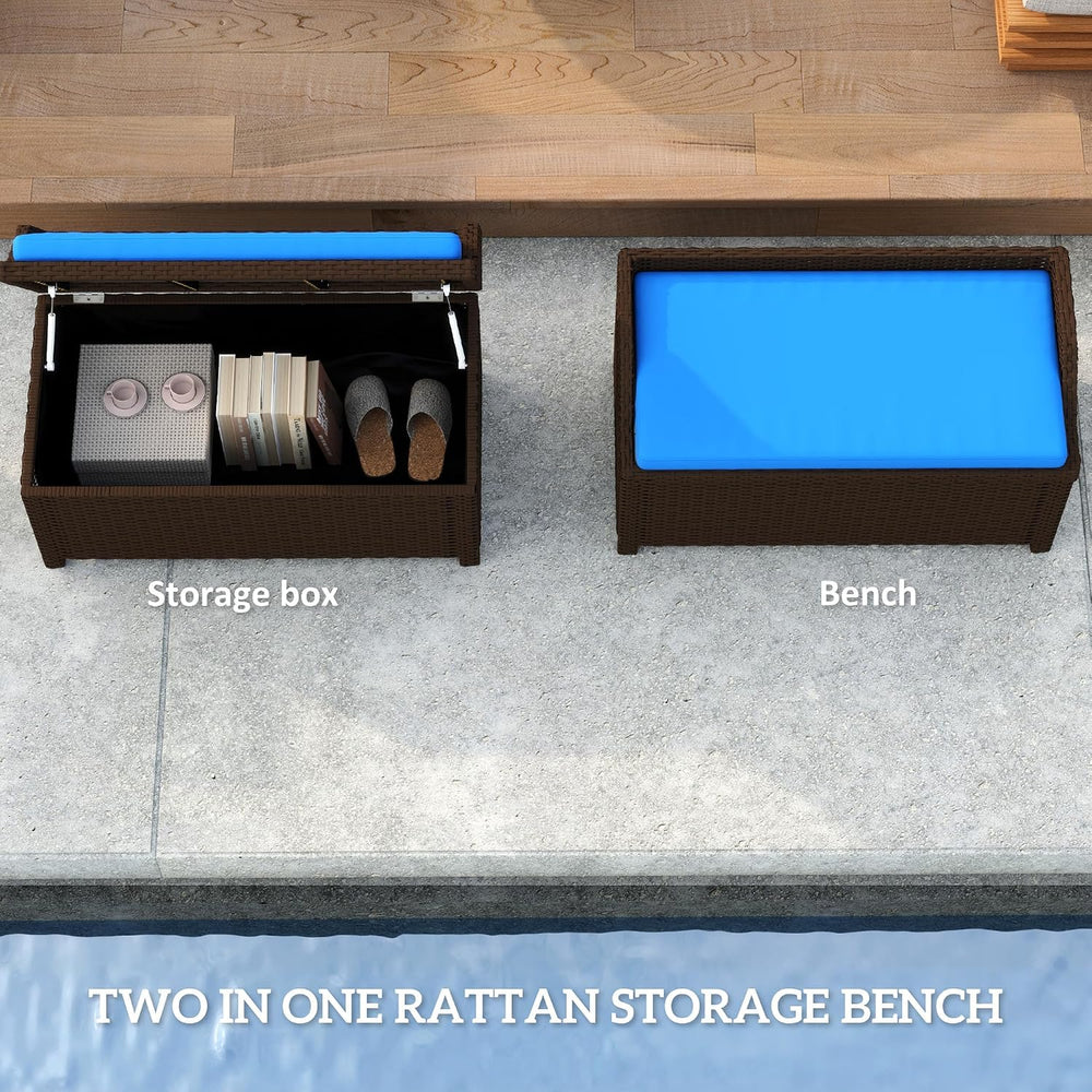 Outsunny 34 Gallon Outdoor Wicker Storage Bench Deck Box Blue