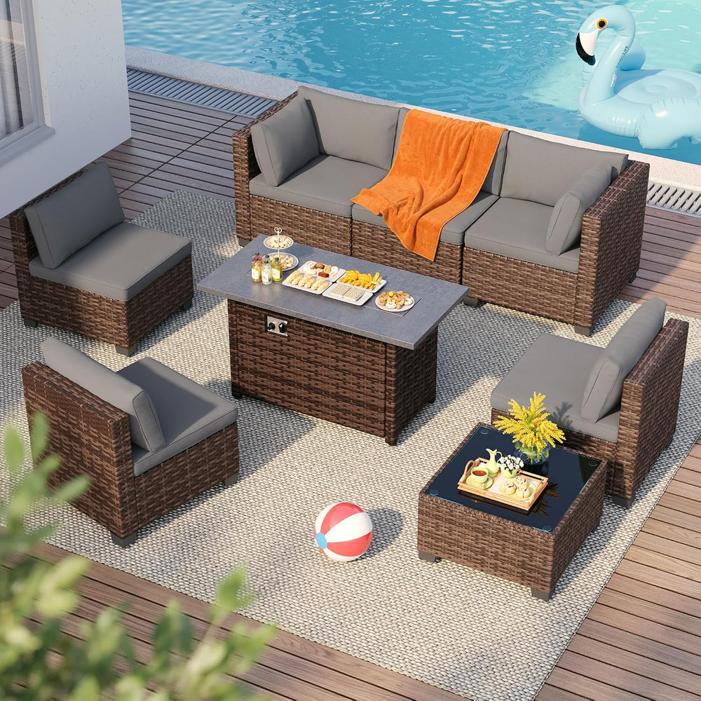 Qsun 8 Pieces Outdoor Patio Furniture Set with 44.9" Fire Pit Table, All...