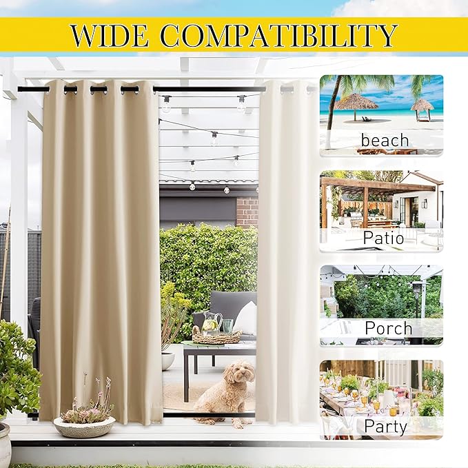 NICETOWN 2 Panels Outdoor Curtains for Patio Waterproof & Windproof, Ther...