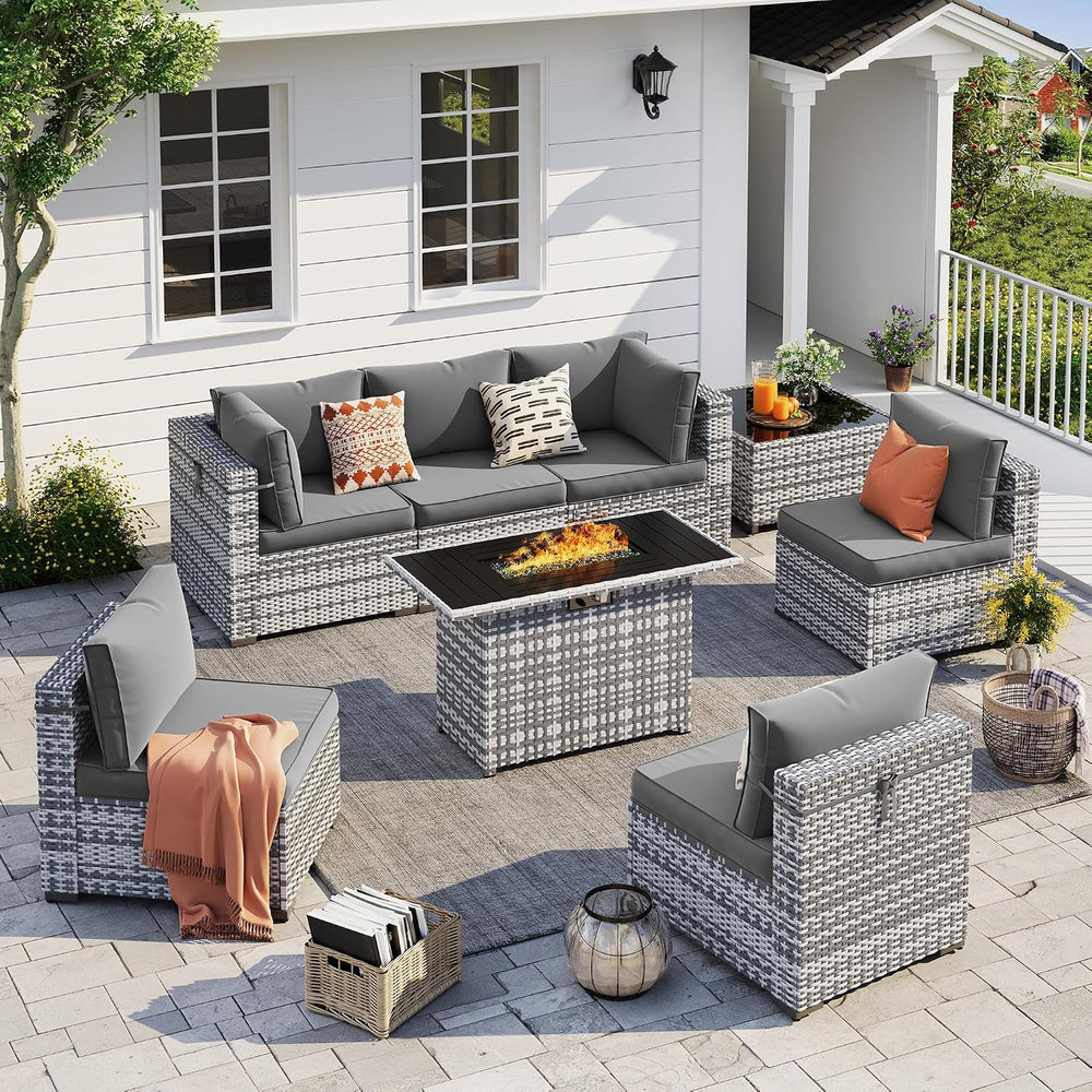 Outdoor Patio Furniture Set with Fire Pit 8 Pcs Wicker Sectional Sofa Grey