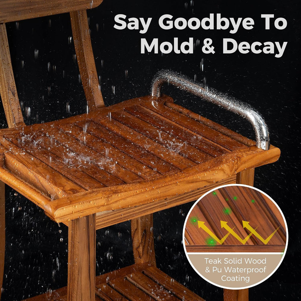 Teak Shower Bench Seat with Handles and Backrest, 19" Solid Wood Shower ...