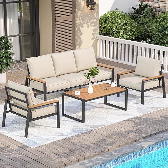 Patio Furniture Set, 4 Pieces Outdoor Furniture Patio Conversation Set with High Back, Faux-Wood Armrest and Tabletop, Outdoor Couch Patio Sofa Set for Balcony, Porch, Backyard, Beige