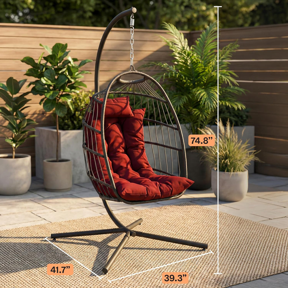 SereneLife Hanging Egg Chair with Stand | Foldable Rattan Wicker Hammock Chai...