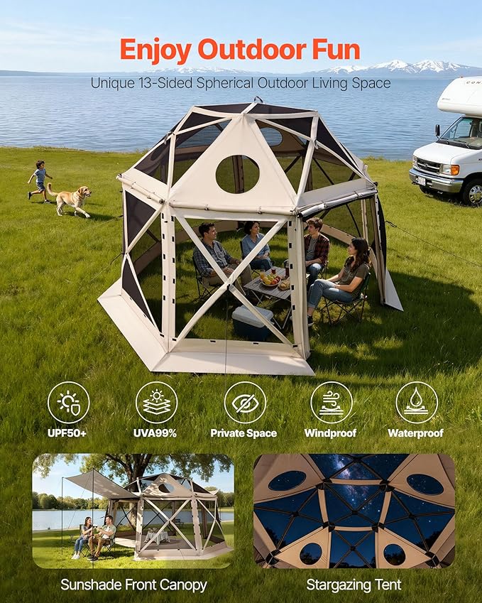 VEVOR Pop up Gazebo Screen Tent, 12 x 12 ft, 13-Sided Spherical Camping Canop...