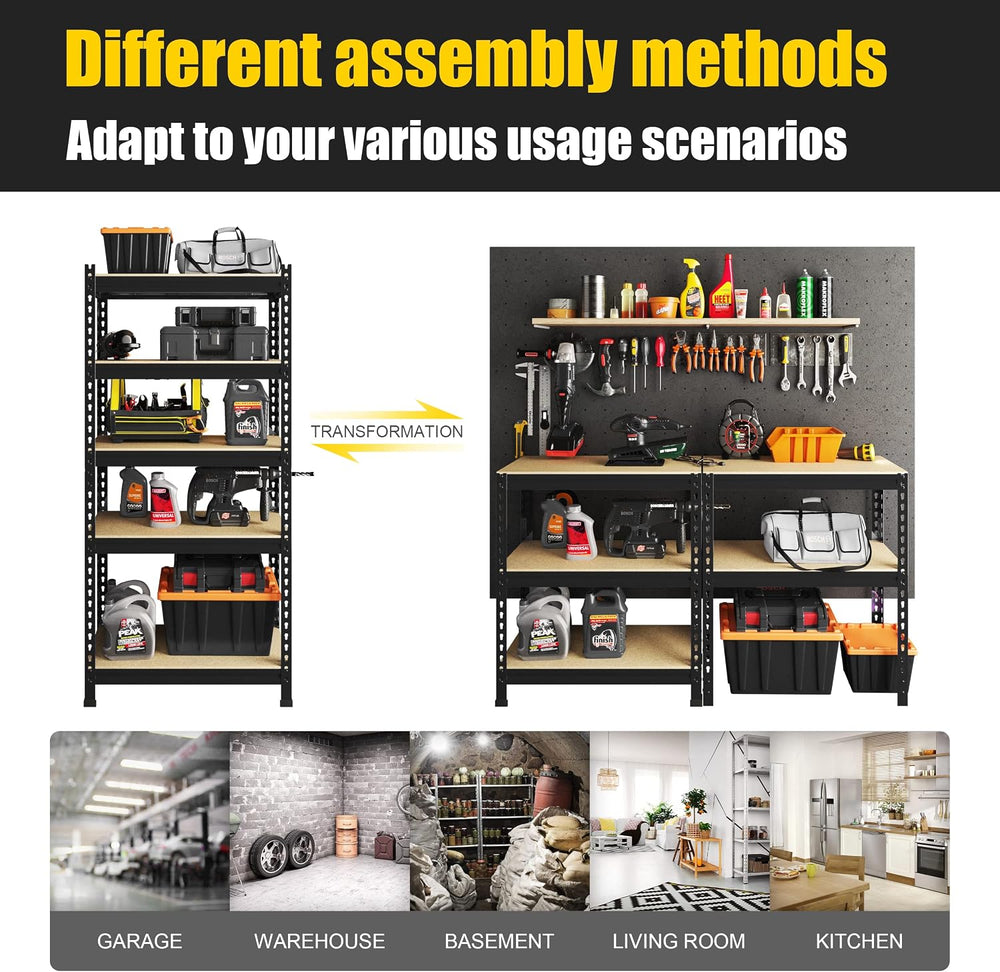 PrimeZone 5-Tier Garage Storage Shelves, Adjustable Metal Shelving, Black