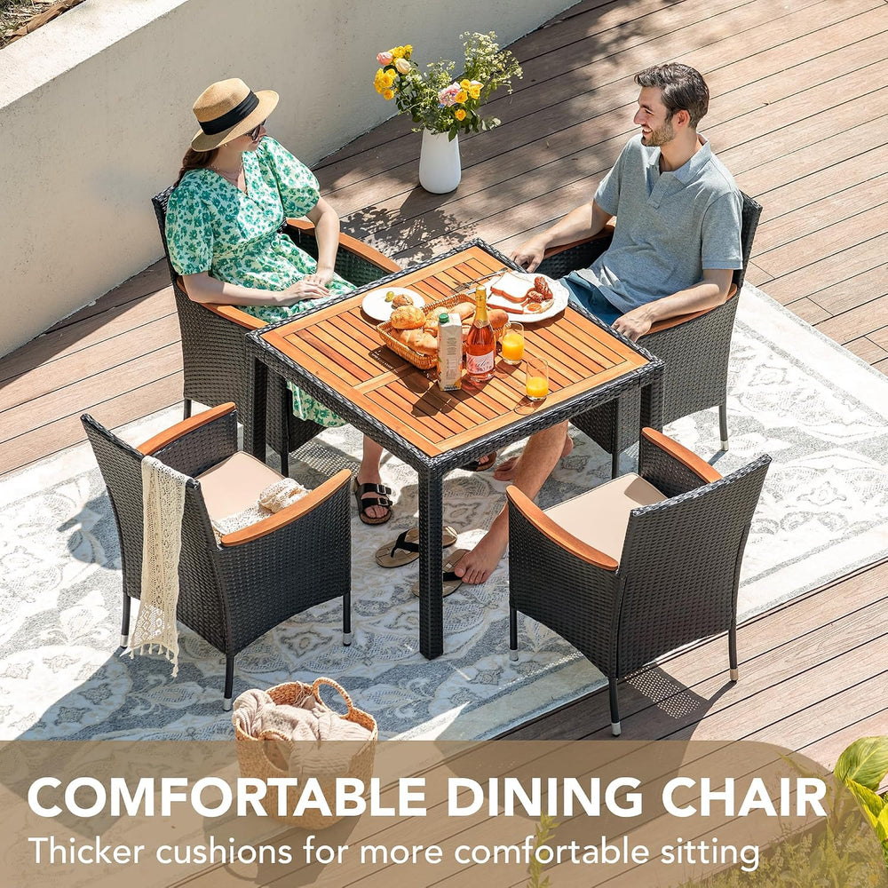 Devoko 5 PCS Acacia Wood Patio Dining Set, Black Rattan