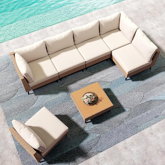 LAUSAINT HOME Outdoor Patio Furniture, 7 Piece Outdoor Sectional Sofa PE Ratt...