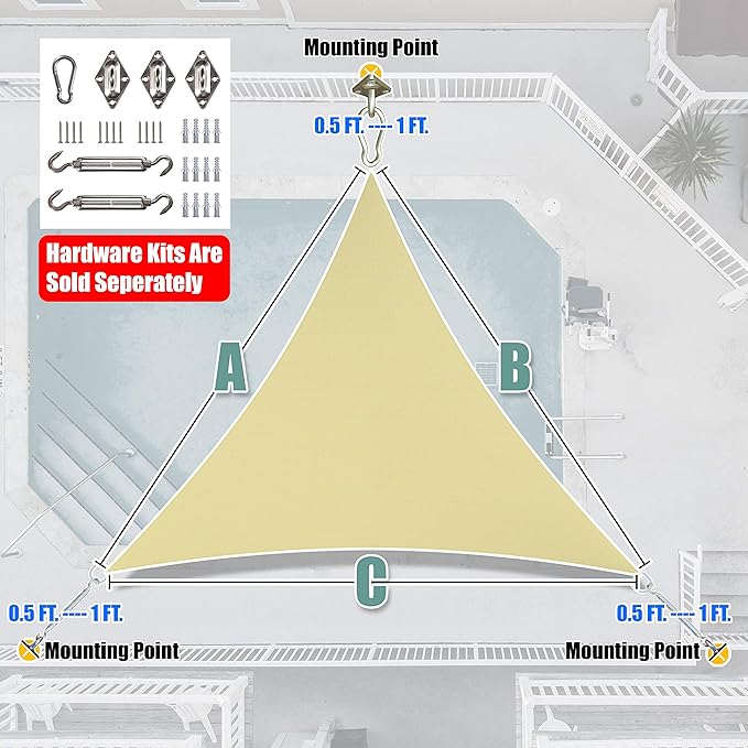 Amgo 22' x 22' x 22' Beige Triangle Sun Shade Sail UPF50+ Canopy ...