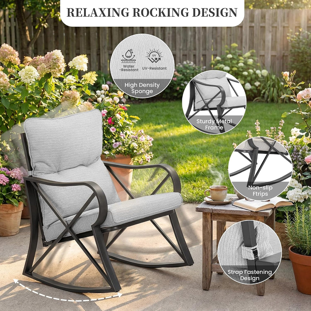 COSIEST 3 Piece Bistro Set Patio Rocking Chairs Outdoor Furniture w Warm Gray...