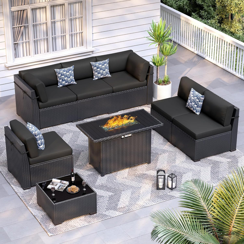 8 Piece Patio Furniture Set with 44” Fire Pit Table with Thickened Cushions