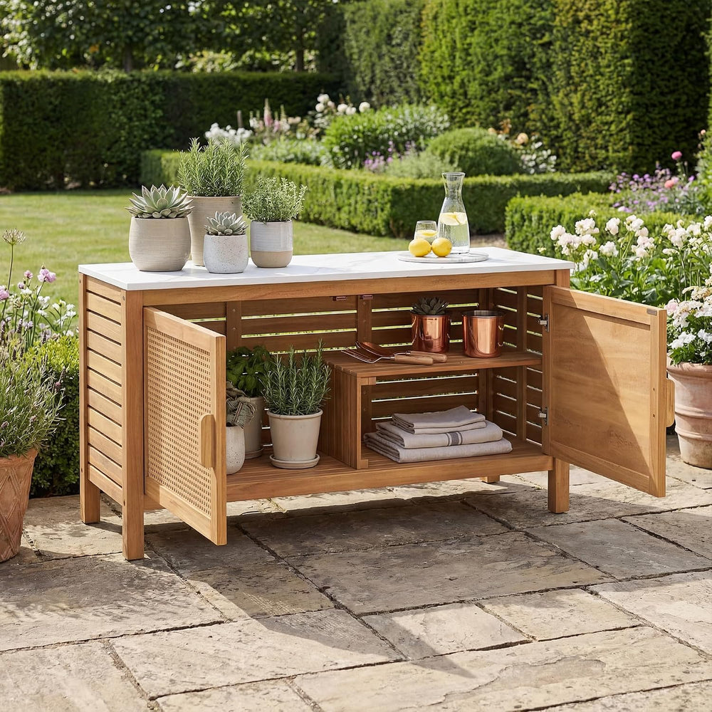 Giantex Acacia Wood Outdoor Cabinet, Storage Cabinet w/Faux Marble Top, Ratta...