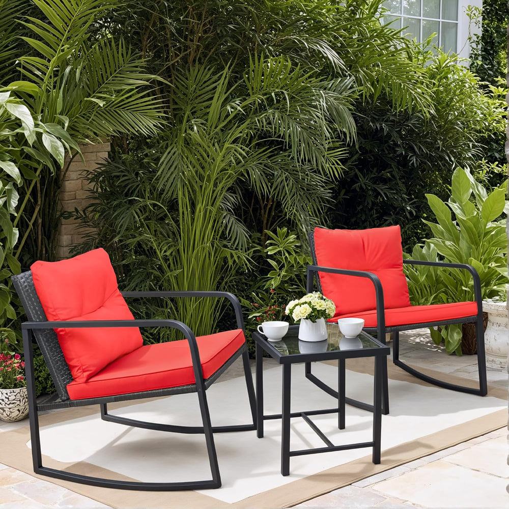 Greesum 3 Pieces Rocking Wicker Bistro Set,Patio Conversation Sets,Red