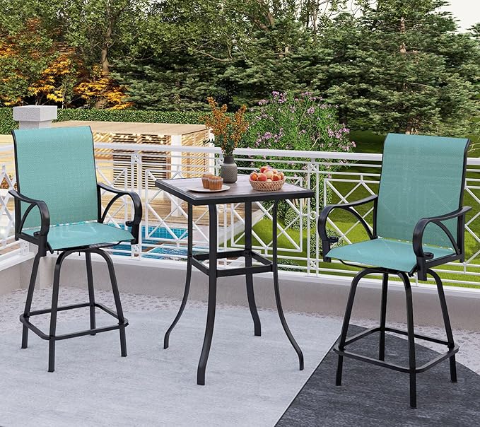 PHI VILLA Outdoor Patio Swivel Bar Set of 3, Jacquard Lake Blue Textilene Fur...