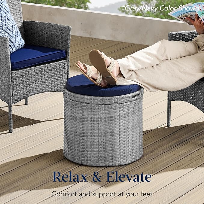 Best Choice Products Round Wicker Ottoman, Multipurpose Outdoor Furniture for...