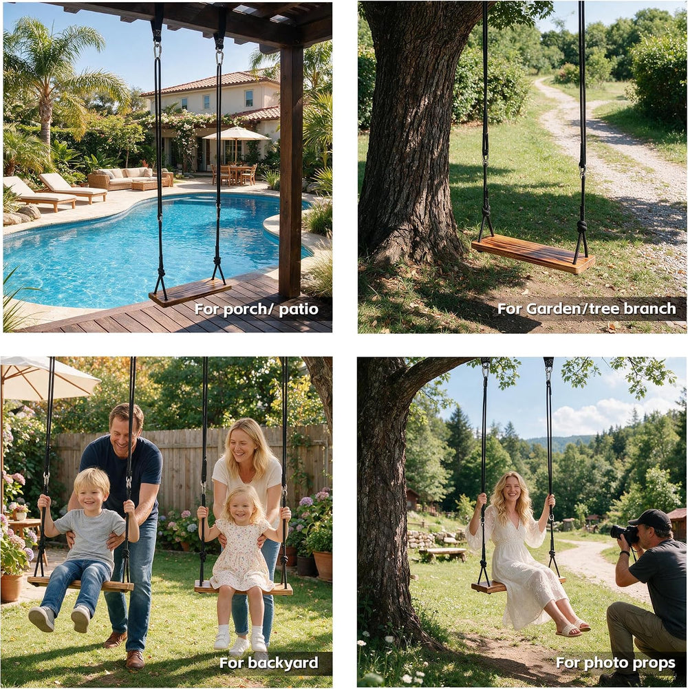 Carbonized Wooden Tree Swing with Adjustable Climbing Rope & Tree Straps
