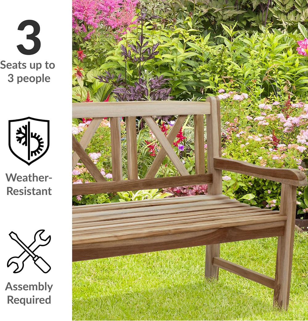 Sunnydaze 2-Person Cross-Back Wooden Teak Outdoor Bench for Porch, 59-Inch