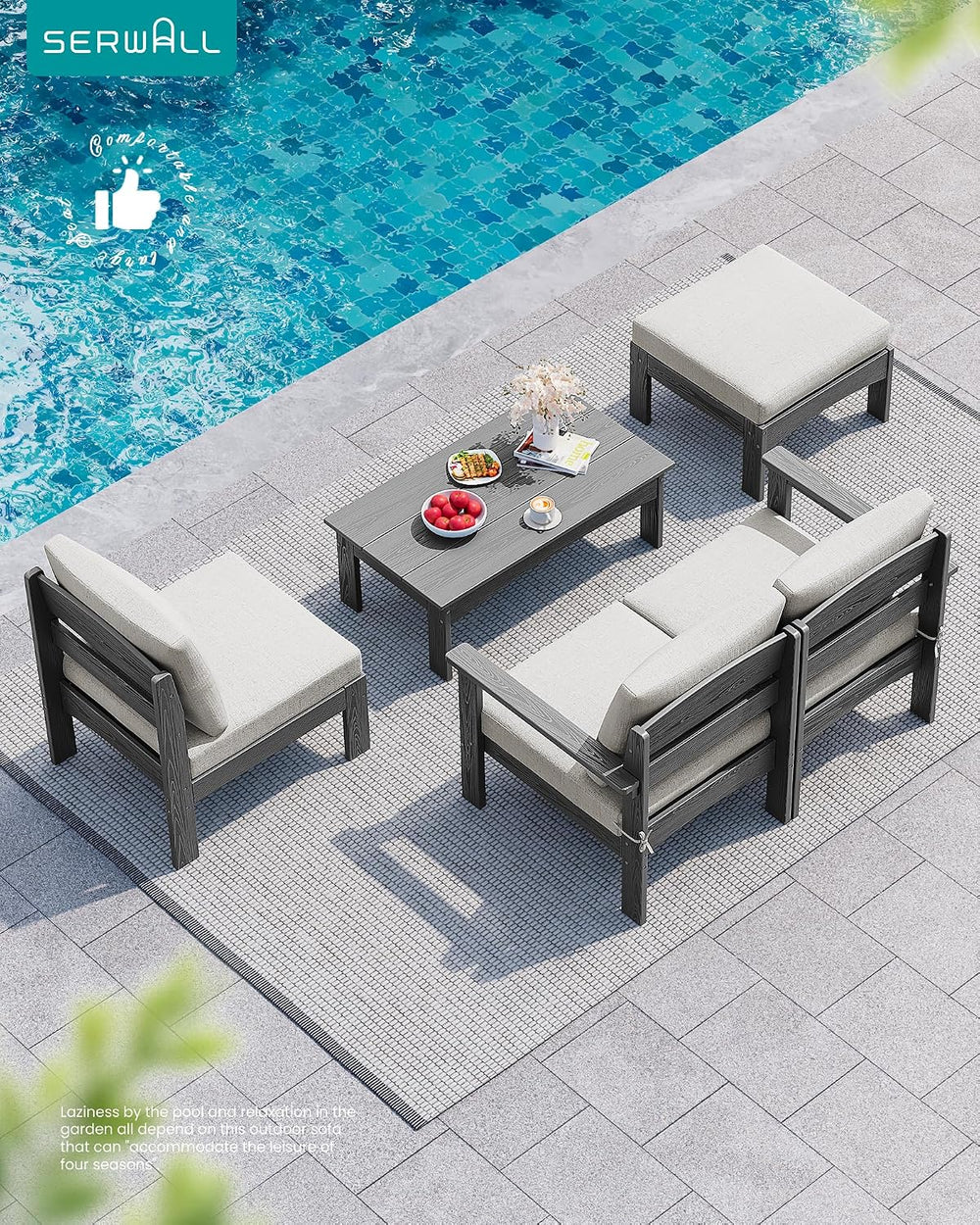 SERWALL 5 Piece Patio Sofas, Outdoor Sectional Sofa with Coffee Table, Grey