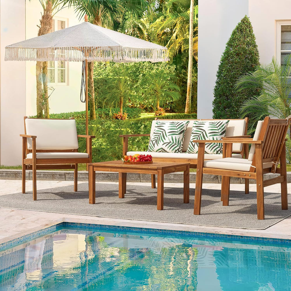 Flamaker Outdoor Patio Furniture Set 4-Piece Acacia Wood Patio Set, Natural