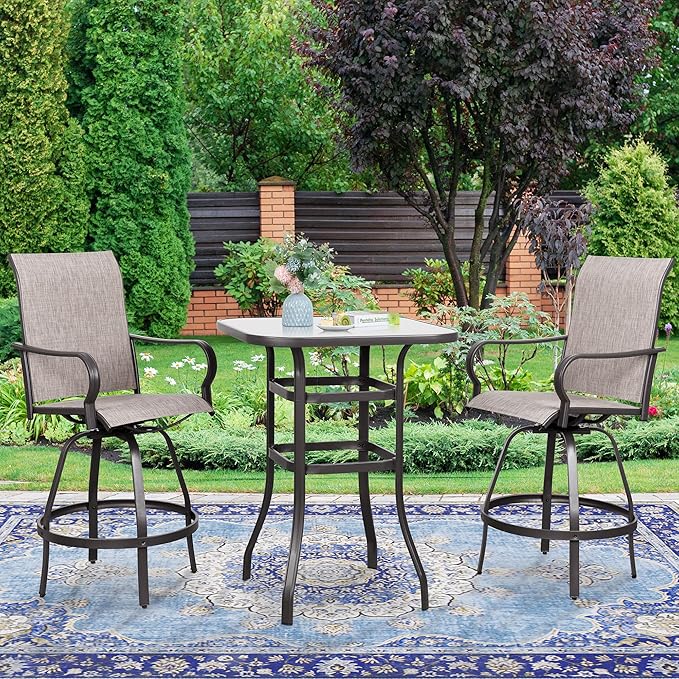 Vongrasig 3 Piece Patio Swivel Bar Set, All Weather Mental Textilene High Swi...