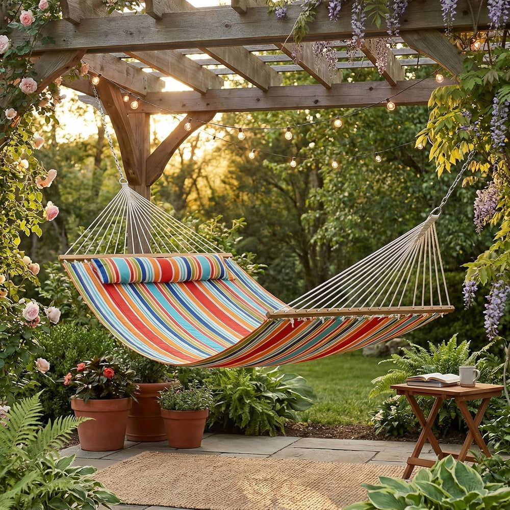 Sunnydaze Quilted Double Hammock for Outside with Pillow, Caribbean Stripe