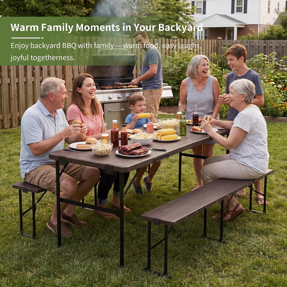 Picnic Table Set with 2 Benches,6 Feet Folding Camping Table Chair Set with W...