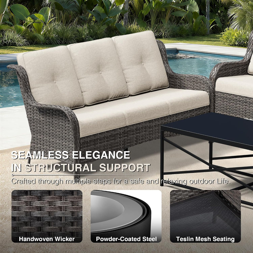 Outdoor Patio Couch, 3 Seater Outdoor Wicker Sofa with High Back, Deep Seatin...