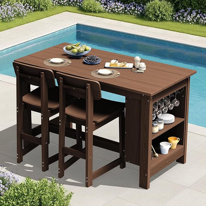 SERWALL 3-Piece Outdoor Counter Height Bar Set, HDPE Patio Bar Table with Win...