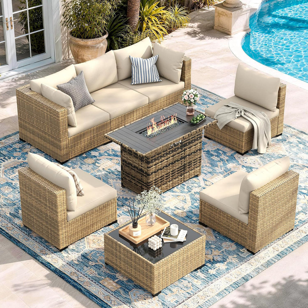 UDPATIO Patio Furniture Set with Fire Pit Table, 8-Piece Wicker Patio Set