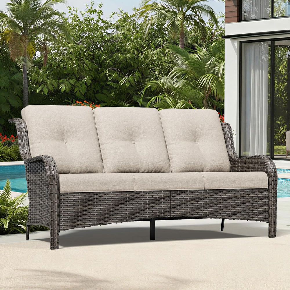 Outdoor Patio Couch, 3 Seater Outdoor Wicker Sofa with High Back, Deep Seatin...