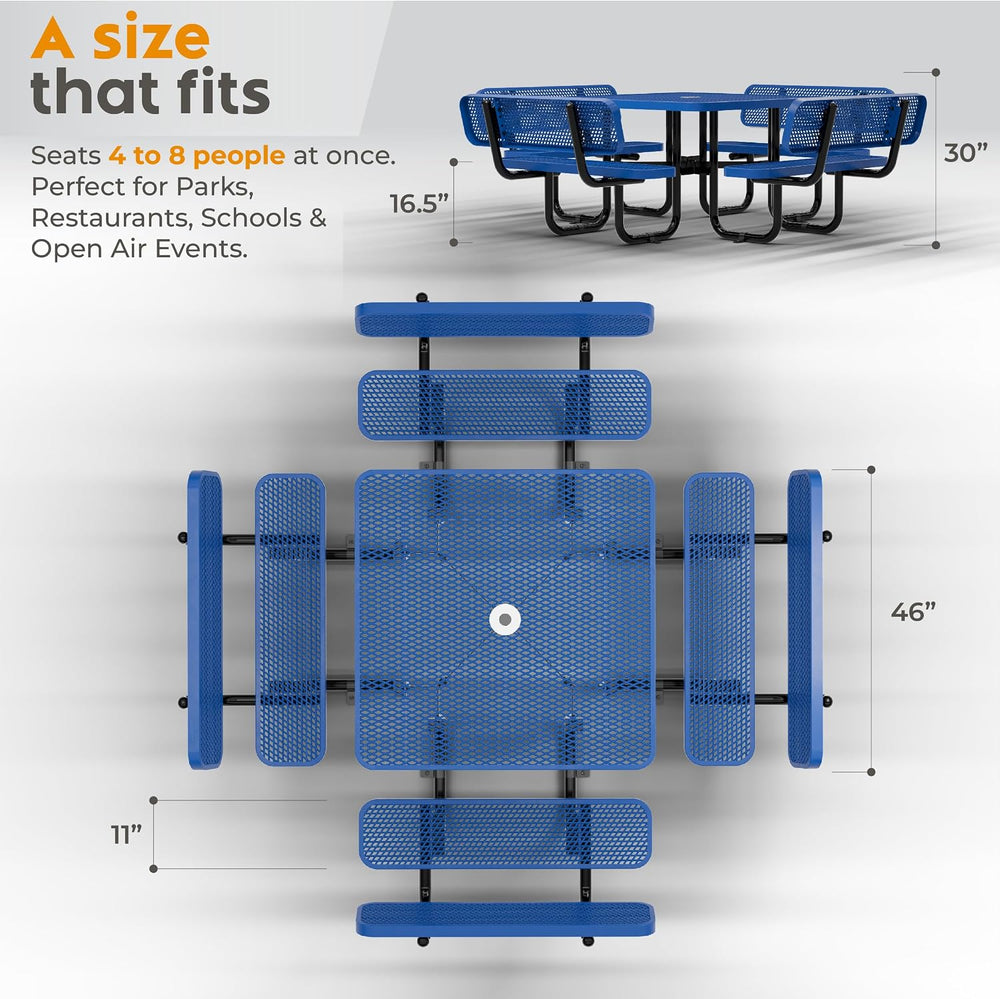 Metal Picnic Table (Blue, 46 in Square with Back, Expanded Steel)