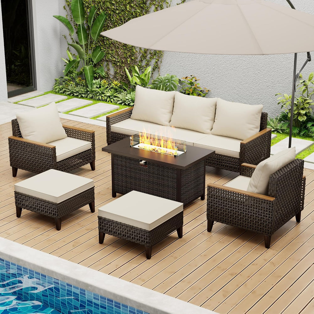 8 Piece Patio Sectional Sofa Set with 50000 BTU Fire Pit Table, All-Weather W...
