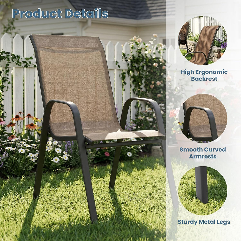 DIFY 7 Piece Outdoor Dining Set, Metal Table & Brown Textilene Chairs