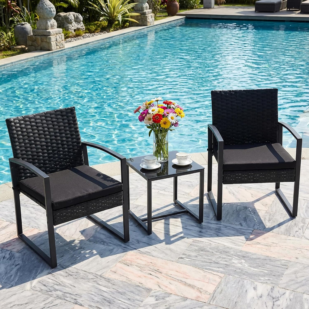 Bezseller 3-Piece Patio Furniture Set, Wicker Bistro Set, Black