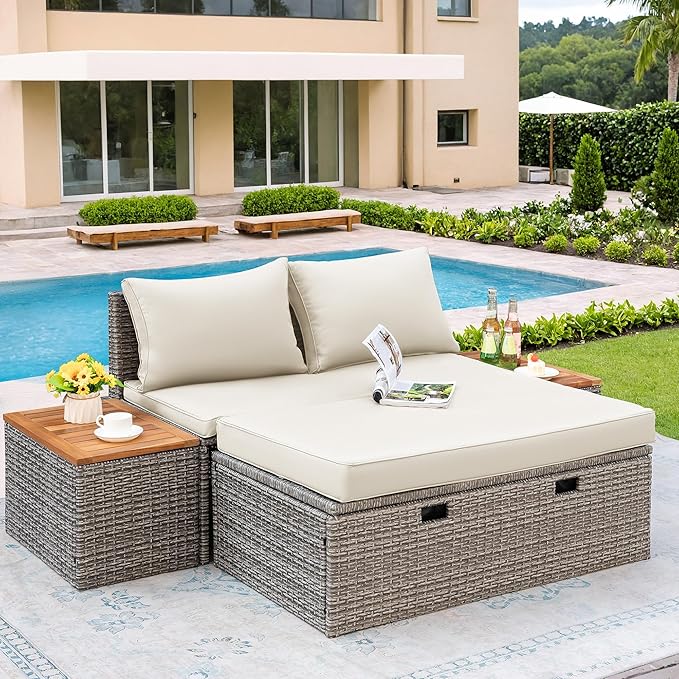 Flamaker Outdoor Rattan Daybed with 2 Side Tables, Multifunctional Wicker Pat...