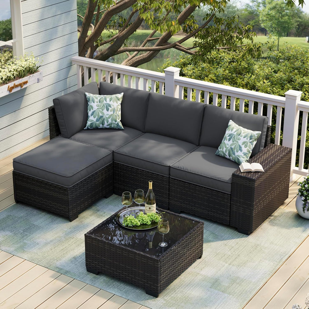 5 Pieces Patio Furniture Set, Outdoor Sofa with Waterproof Cushions, Rattan L...