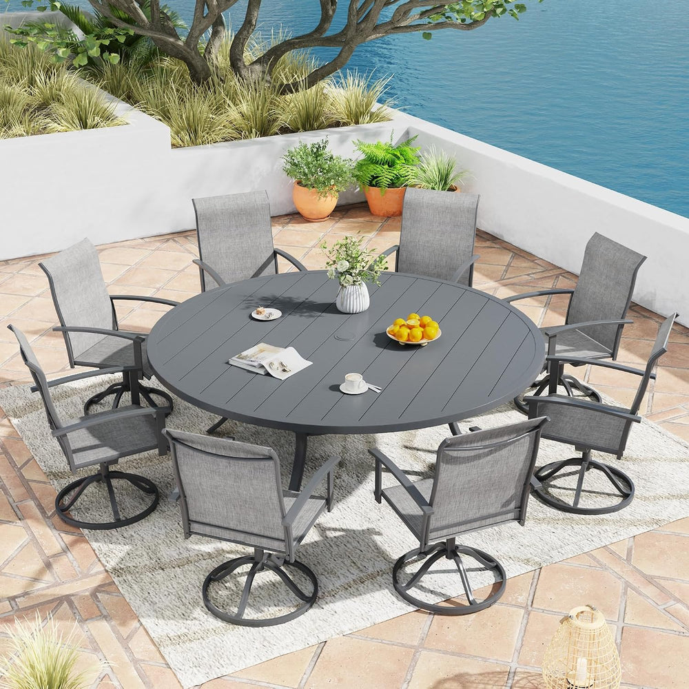 9PCS Outdoor Dining Set, 60" Round Table and 8 Swivel Chairs, Grey